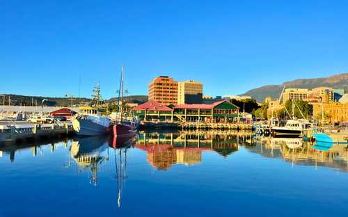 Hobart Sightseeing Bustour Open-top sightseeingbus in de haven van Hobart