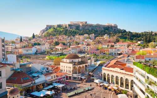 Athene Sightseeing Bustour Open-top sightseeingbus bij de Akropolis in Athene